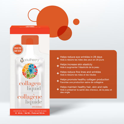 Youtheory Collagen Liquid Natural Berry Flavour, 12 Single Serving Packets, Hydrolyzed Collagen. Supports Hair, Skin, and Nails. Helps Reduce Fine Lines and Eye Wrinkles in 28 Days - Available at All In One Marketplace Canada
