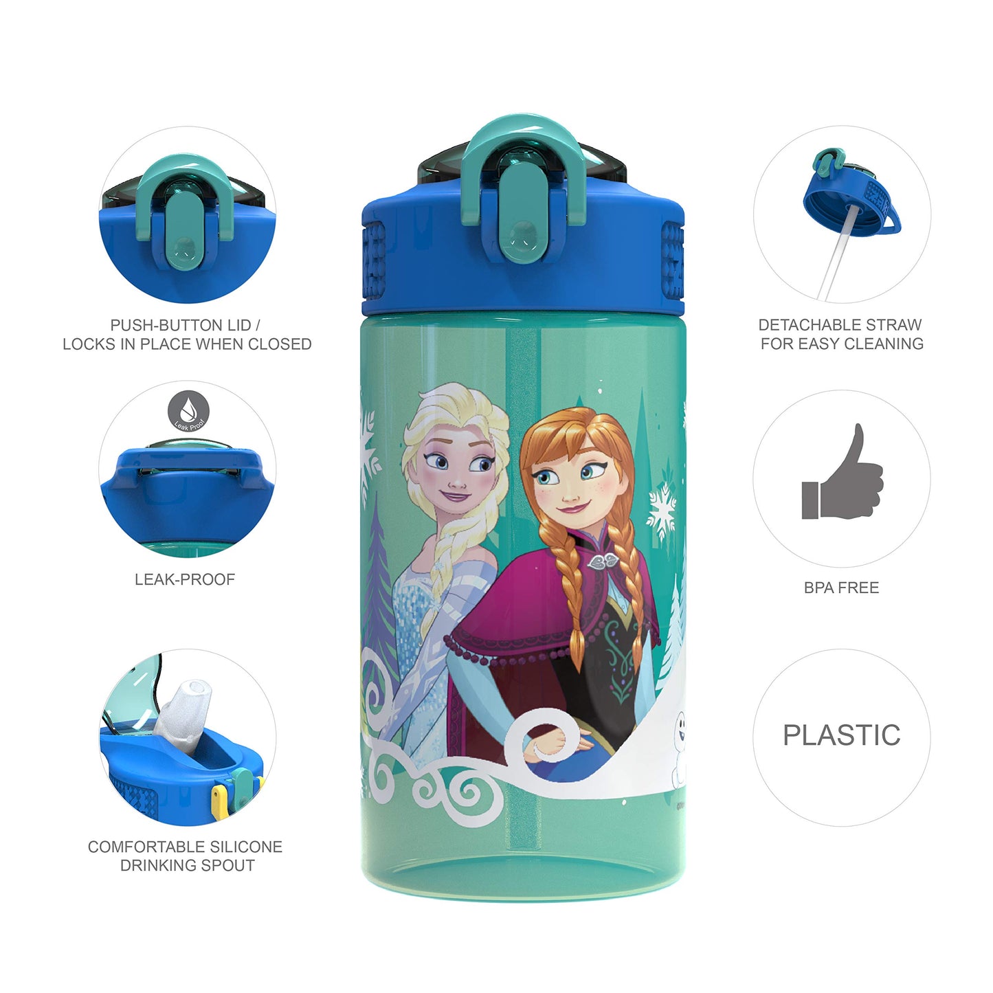 Zak Designs Disney Frozen 16oz Leak-Proof Straw Kids Water Bottle