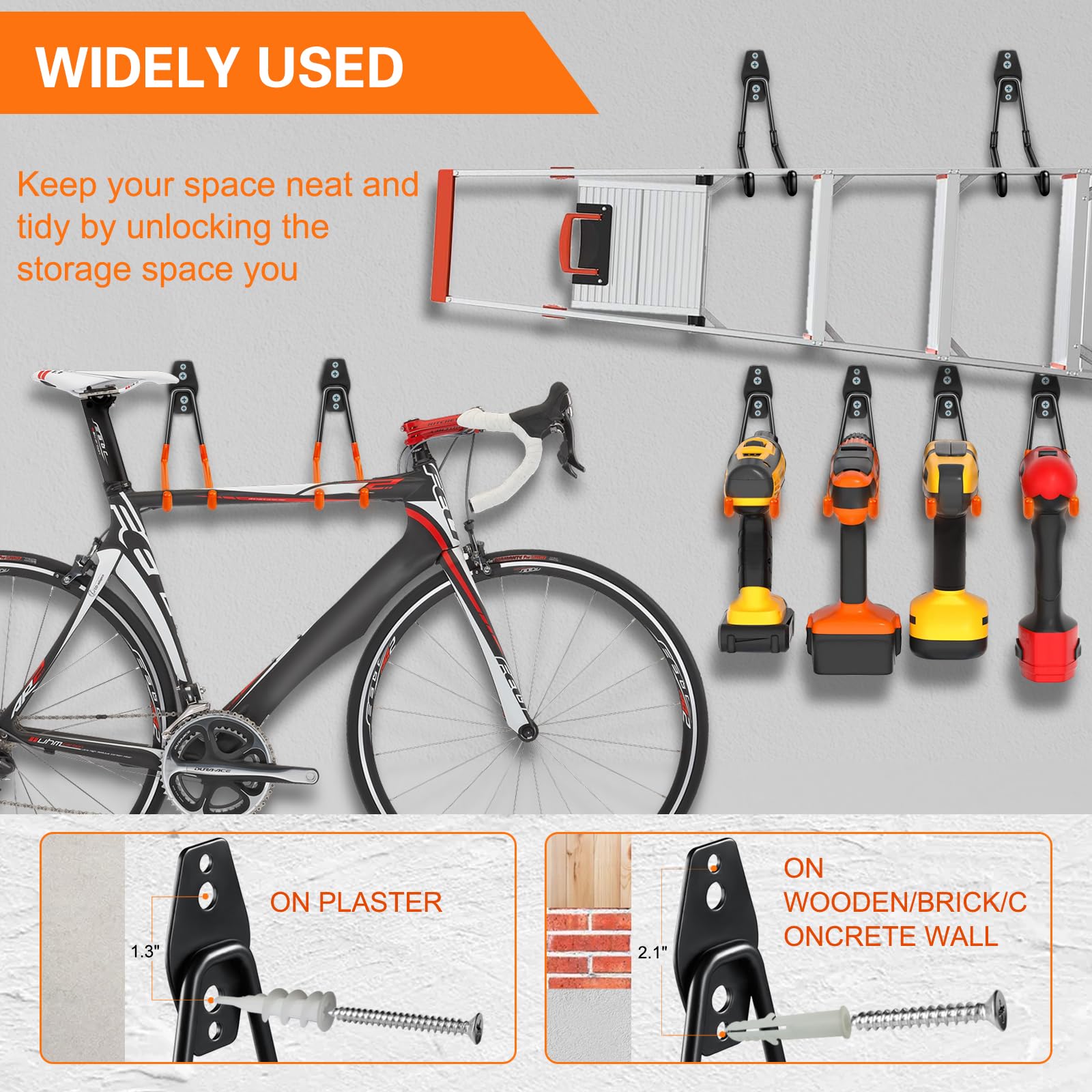 Garage Hooks Heavy Duty Utility Steel with Anti-Slip Coating Wall Mount Storage Organizer for Hanging Power and Garden Tools, Ladders, Hose, Bikes, Ropes, Bulk Items, and More (12 Pack Orange) - Available at All In One Marketplace Canada
