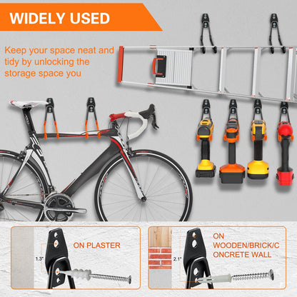 Garage Hooks Heavy Duty Utility Steel with Anti-Slip Coating Wall Mount Storage Organizer for Hanging Power and Garden Tools, Ladders, Hose, Bikes, Ropes, Bulk Items, and More (12 Pack Orange) - Available at All In One Marketplace Canada