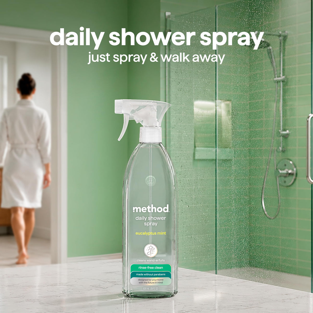 Method Daily Shower Cleaner Spray, Plant-Based & Biodegradable Formula, Spray and Walk Away - No Scrubbing Necessary, Eucalyptus Mint Scent, 828 ml Spray Bottles, 8 Pack, Packaging May Vary
