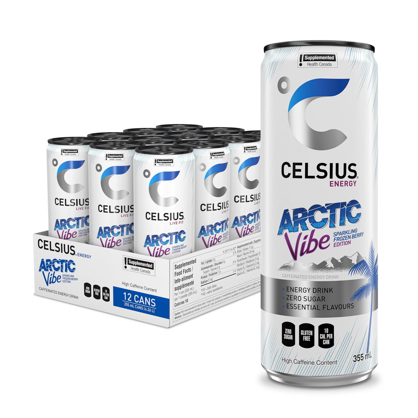 CELSIUS Sparkling Arctic Vibe, Zero Sugar Energy Drink, 355ml (Pack of 12)
