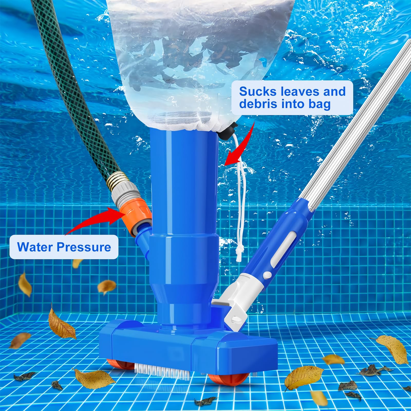 60" Portable Pool Vacuum Jet Underwater Cleaner and Leaf Skimmer Net (No Garden Hose Included), 4 Section Pole of Hand Held Portable Vacuum Pool Cleaner for Above Ground Pool Spa Pond Fountain Hot Tub