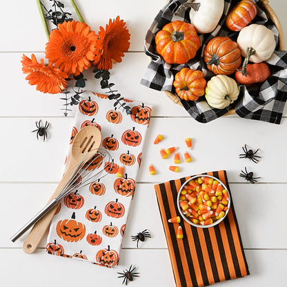 Lot de 3 torchons de cuisine décoratifs DII pour Halloween, motifs effrayants et amusants, coton imprimé, 46 x 71 cm, motif carreaux style buffalo noir et blanc/rayures orange