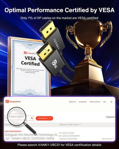VESA Certified DisplayPort Cable 1.4, iVANKY 8K DP Cable 6.6ft (8K@60Hz, 4K@144Hz, 2K@240Hz)HBR3 Support 32.4Gbps, HDR, HDCP 2.2, FreeSync G-Sync, Braided Display Port for Gaming Monitor, Graphics, PC - Available at All In One Marketplace Canada