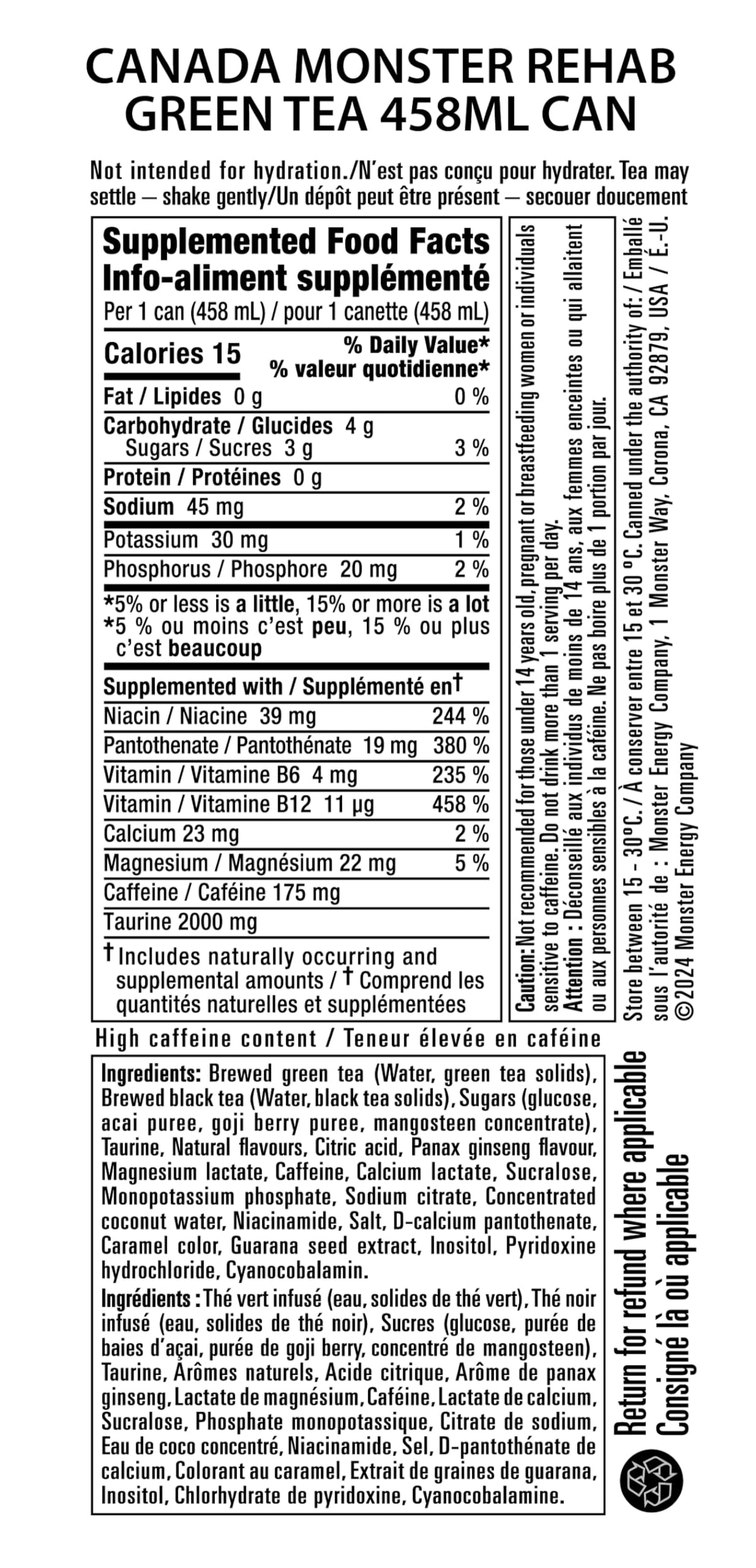 Monster Energy Rehab, Green Tea, 458mL (12 Pack) – Non-Carbonated Energy Drink