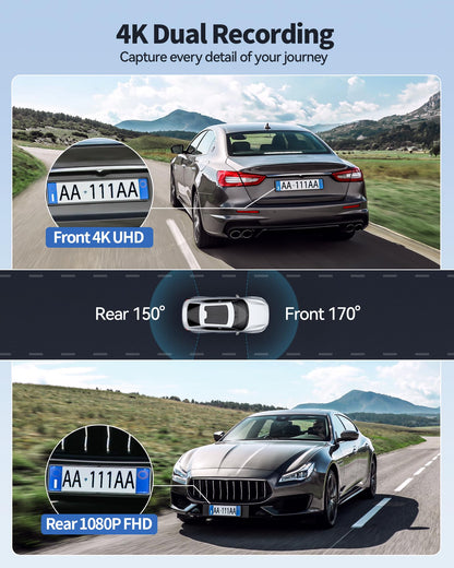 Dash Camera for Cars, 4K+1080P Dash Cam Front and Rear with 5G WiFi, Built-in 32GB Card, Night Vision, G-Sensor, 24H Parking Mode, Loop Recording