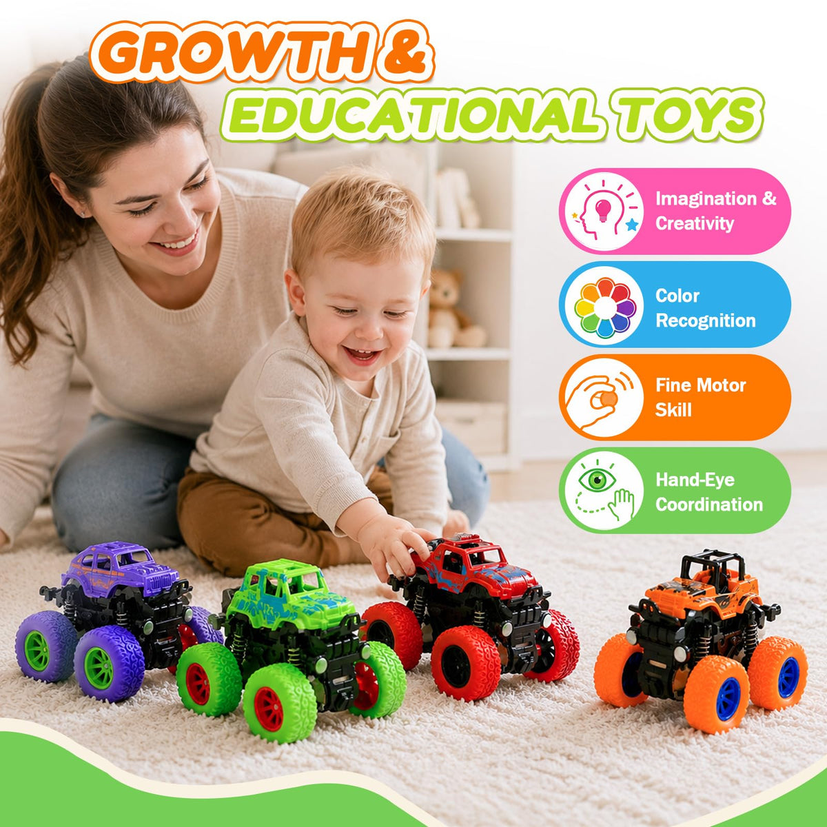 Monster Truck Toys, 4 Pack Friction Powered Toy Cars Push and Go Truck Toys for Toddlers Kids Ages 2-4 3-5 4-7 Best Christmas Birthday Gift Party Favors for Boys and Girls 2 3 4 5 6 7 Year Old 🍁 All In One Marketplace Canada