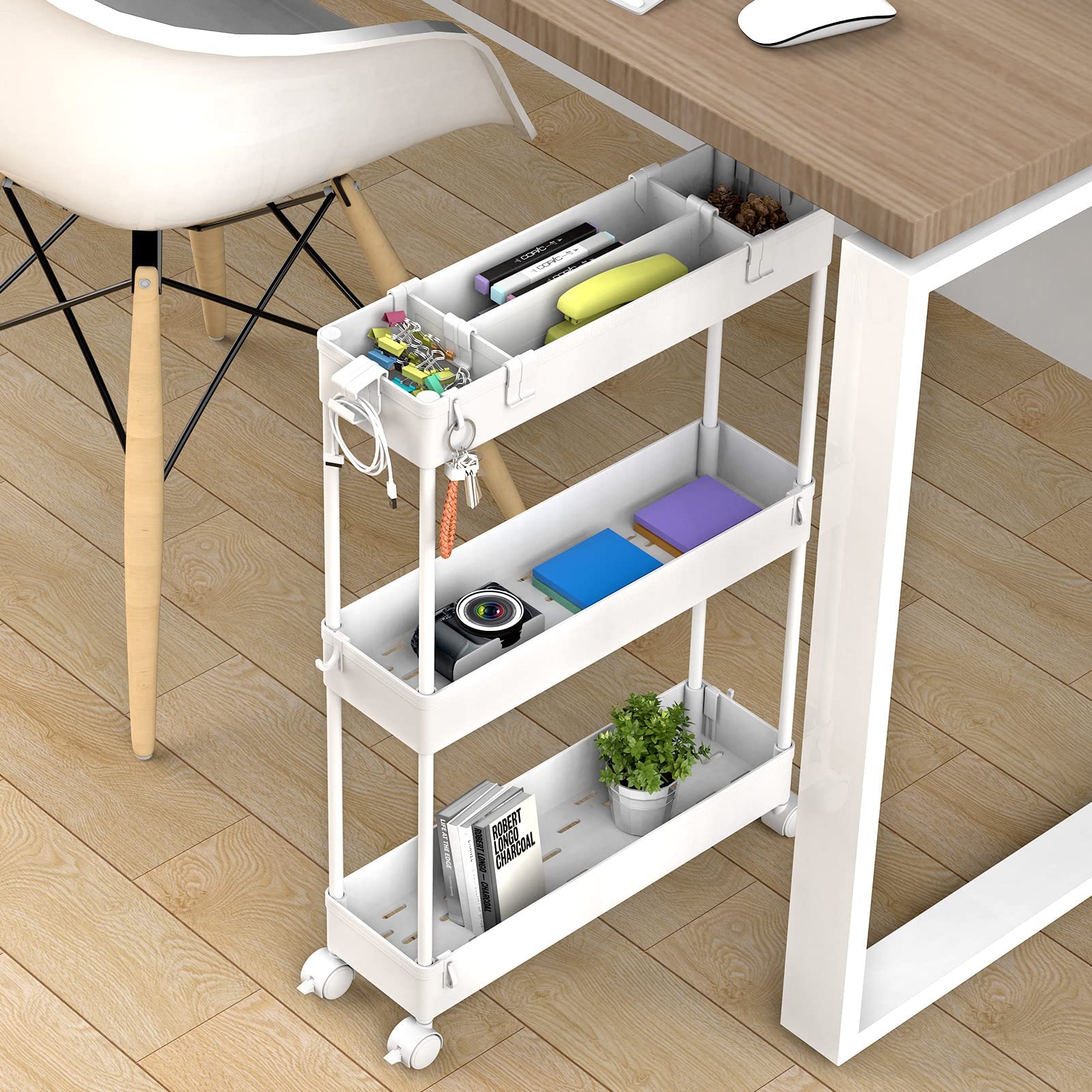 SPACELEAD Slim Storage Cart,3 Tier Bathroom Rolling Utility Cart Storage Organizer Slide Out Cart, Mobile Shelving Unit Organizer Trolley for Office Bathroom Kitchen Laundry Room Narrow Places, White - Available at All In One Marketplace Canada