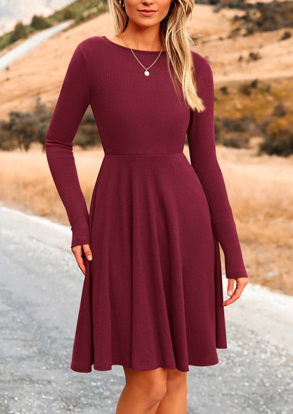 PRETTYGARDEN Women's Fall Casual Long Sleeve Short Dress Wine Red,M 🍁 All In One Marketplace Canada