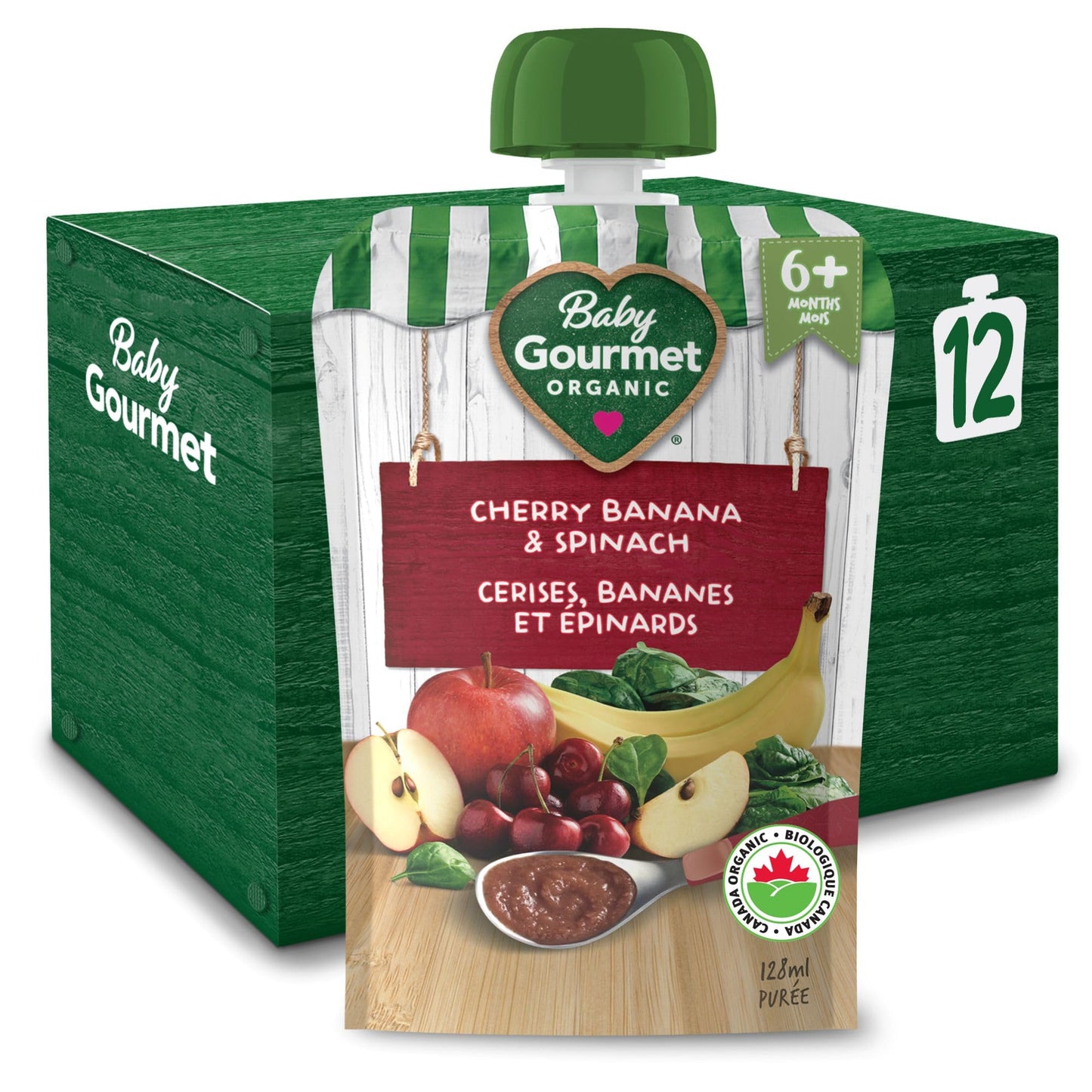 Baby Gourmet Cherry Banana & Spinach Purée, 12 × 128 mL Pouches | 6 Months+ | Organic Baby Food | No Added Sugar or Salt | Made in Canada Baby Gourmet