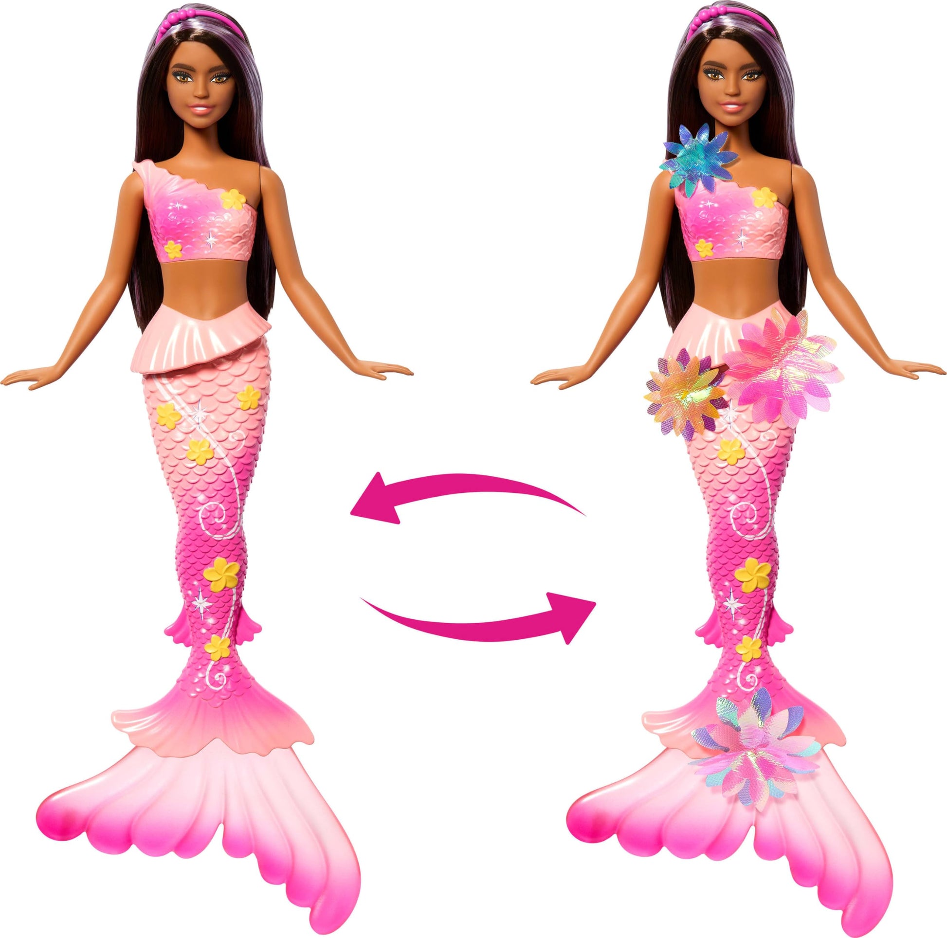 Barbie Mermaid Toy Dolls with Surprise Magic Blooming Flowers Feature, Ombre Tails, Pearl Headband Accessory & Long Brown Hair with Purple Highlights Barbie