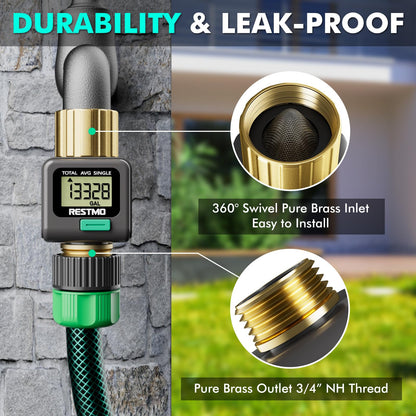 RESTMO Water Flow Meter, Pure Brass Inlet & Outlet | 4 Measure Modes | Display Gallon/Liter Usage and Flow Rate | Ideal to Outdoor Garden Hose, Lawn Sprinkler Watering, RV Water Tank Filling