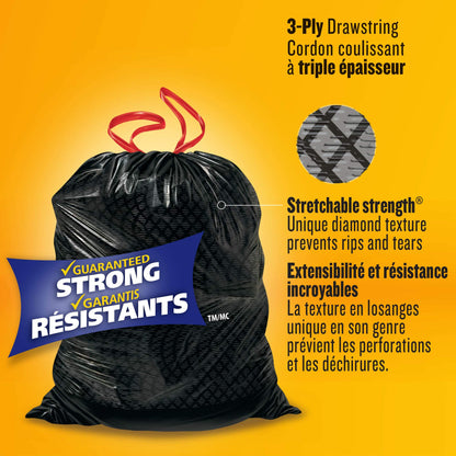 Glad Black Garbage Bags - Large 90 Litres - ForceFlex Drawstring, 60 Trash Bags, Made in Canada of Global Components