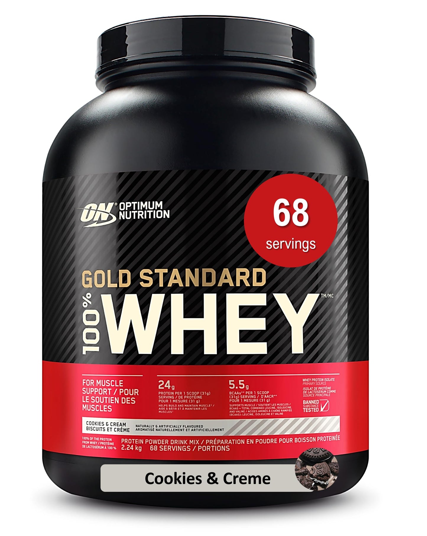 Optimum Nutrition Gold Standard 100% Whey Protein Powder, Cookies & Cream, 24 g Protein per Serving, 2.27 kg, 68 Servings (packaging may vary)