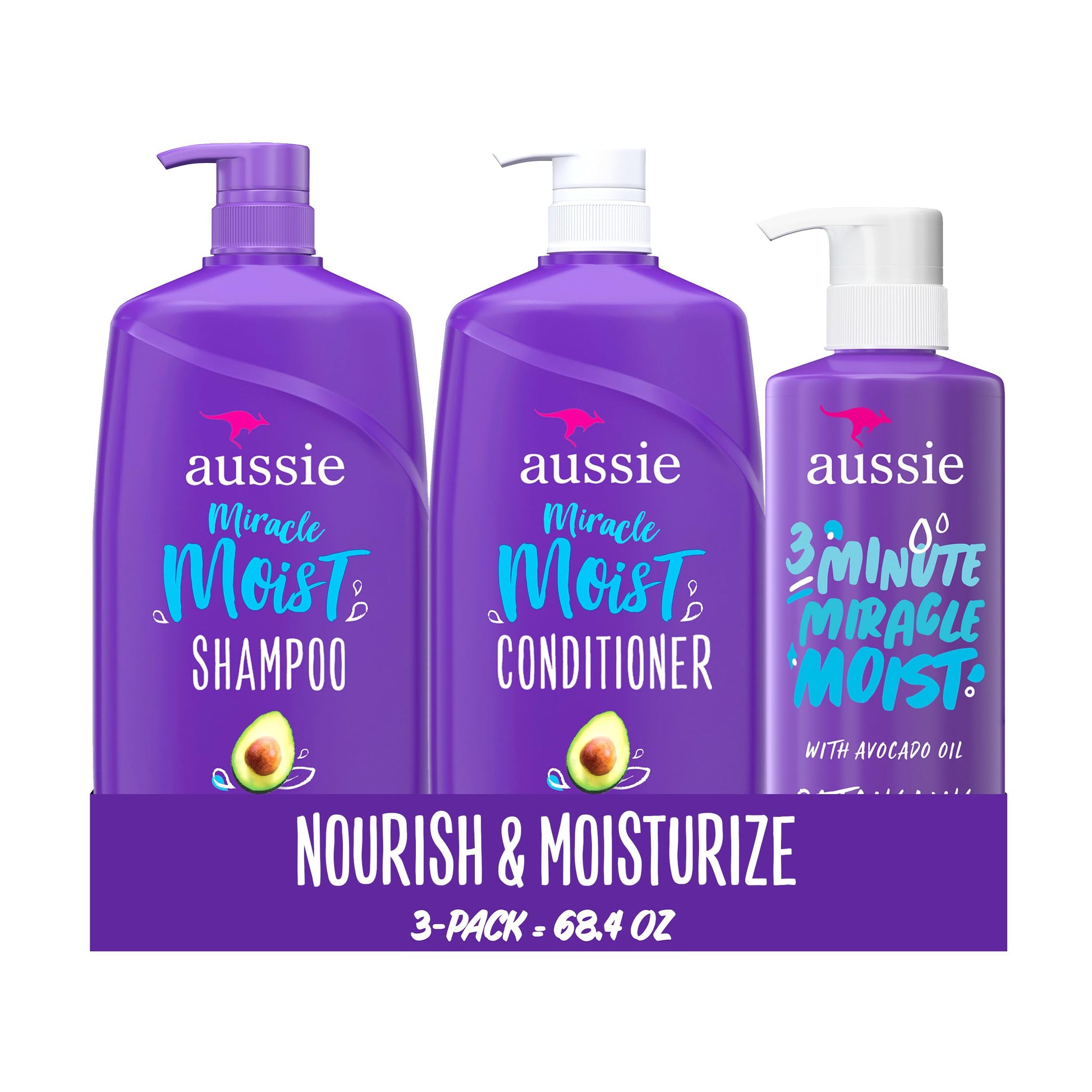 Aussie Miracle Moist Shampoo 778 mL, Miracle Moist Conditioner 778 mL, 3 Minute Miracle Deep Conditioner Hair Treatment 475 mL, Infused with Avocado & Australian Jojoba Oil, 2.03 L Total - Available at All In One Marketplace Canada