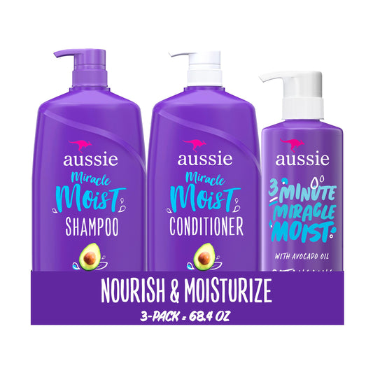 Aussie Miracle Moist Shampoo 778 mL, Miracle Moist Conditioner 778 mL, 3 Minute Miracle Deep Conditioner Hair Treatment 475 mL, Infused with Avocado & Australian Jojoba Oil, 2.03 L Total - Available at All In One Marketplace Canada