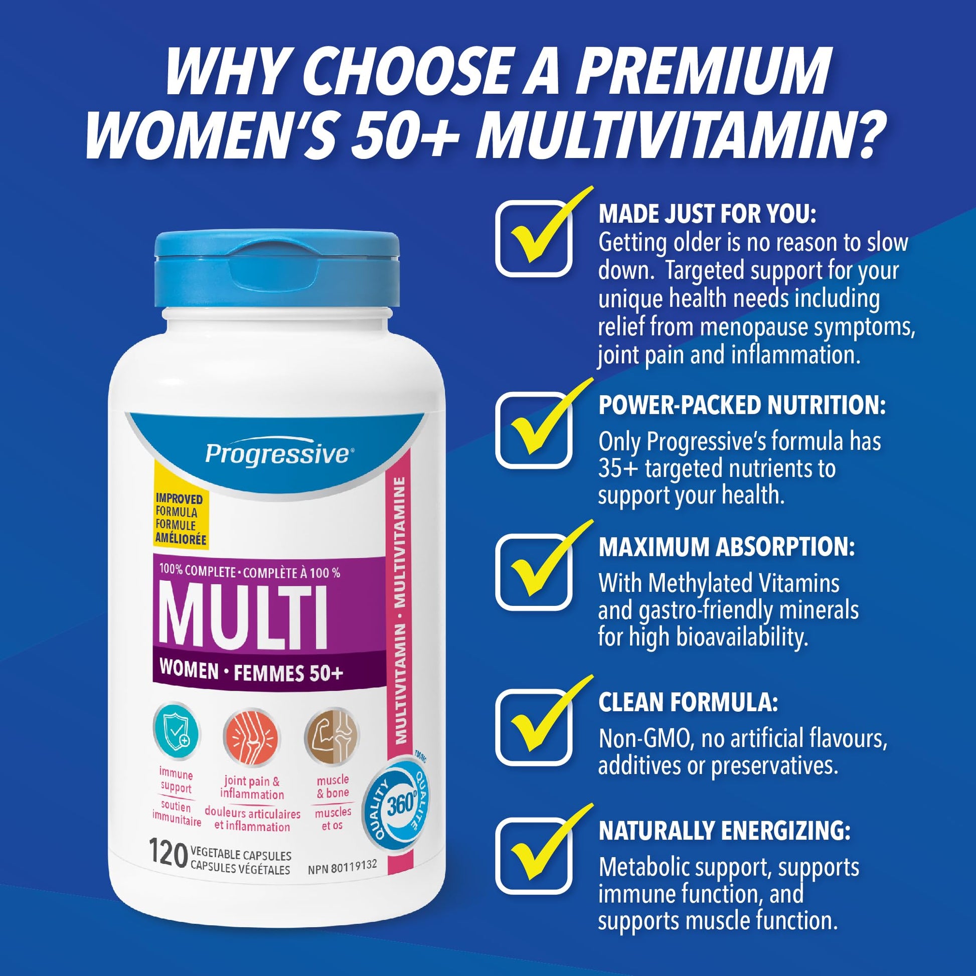 Progressive Advanced Multivitamin for Women 50+, with Black Cohosh, Chastetree, Maca, Turmeric, and CoQ10. Supports Menopause, Immunity, Heart Health, Joint Health, and Inflammation, 100% Complete, Canadian-Made, 120 Count - Available at All In One Marketplace Canada