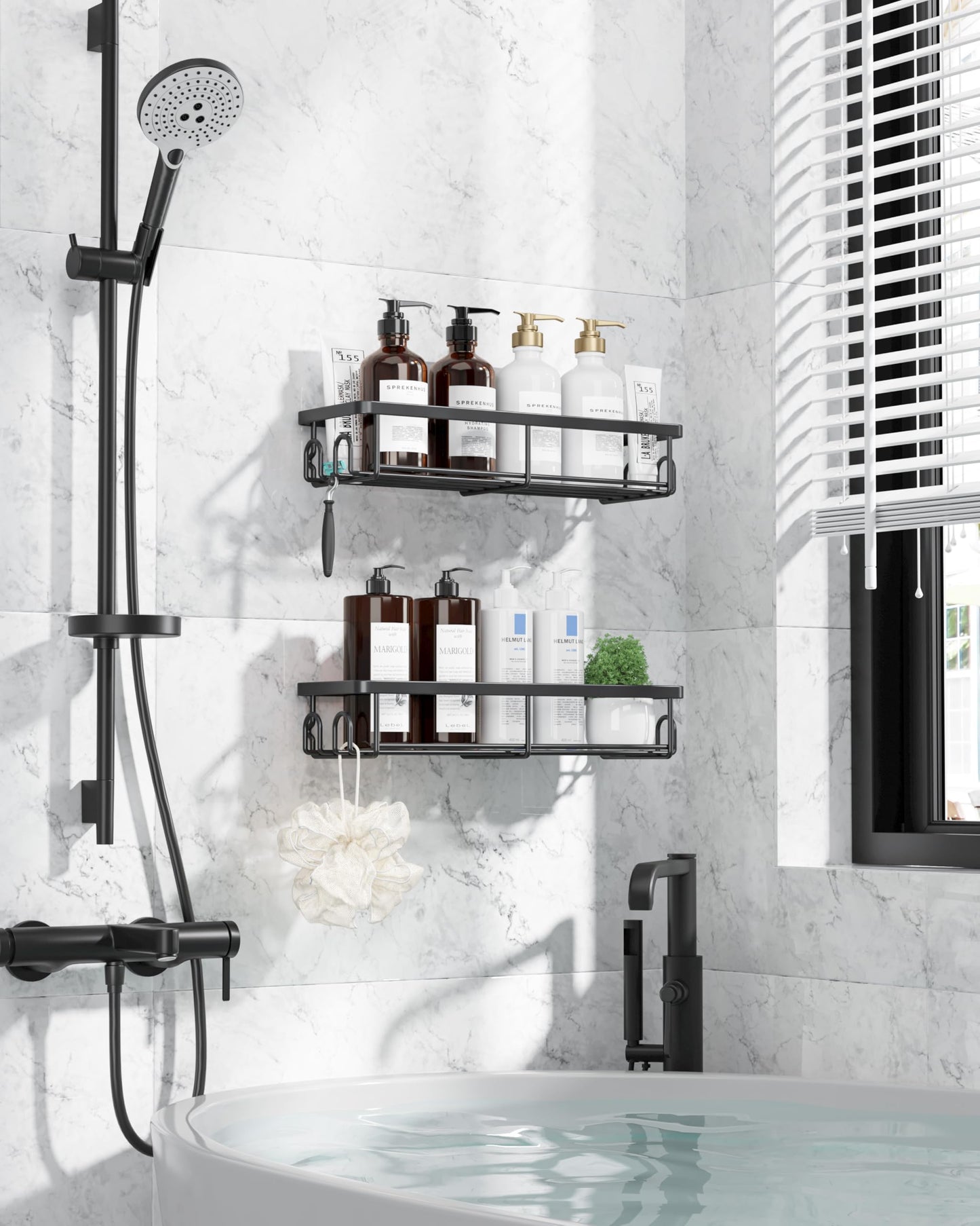 Kitsure Shower Caddy - 2 Pack Rustproof Stainless Steel Shower Organizer, No-Drill & Quick-Dry Shelves with Large Capacity, Durable Rack with 4 Hooks, Large, Black - Available at All In One Marketplace Canada