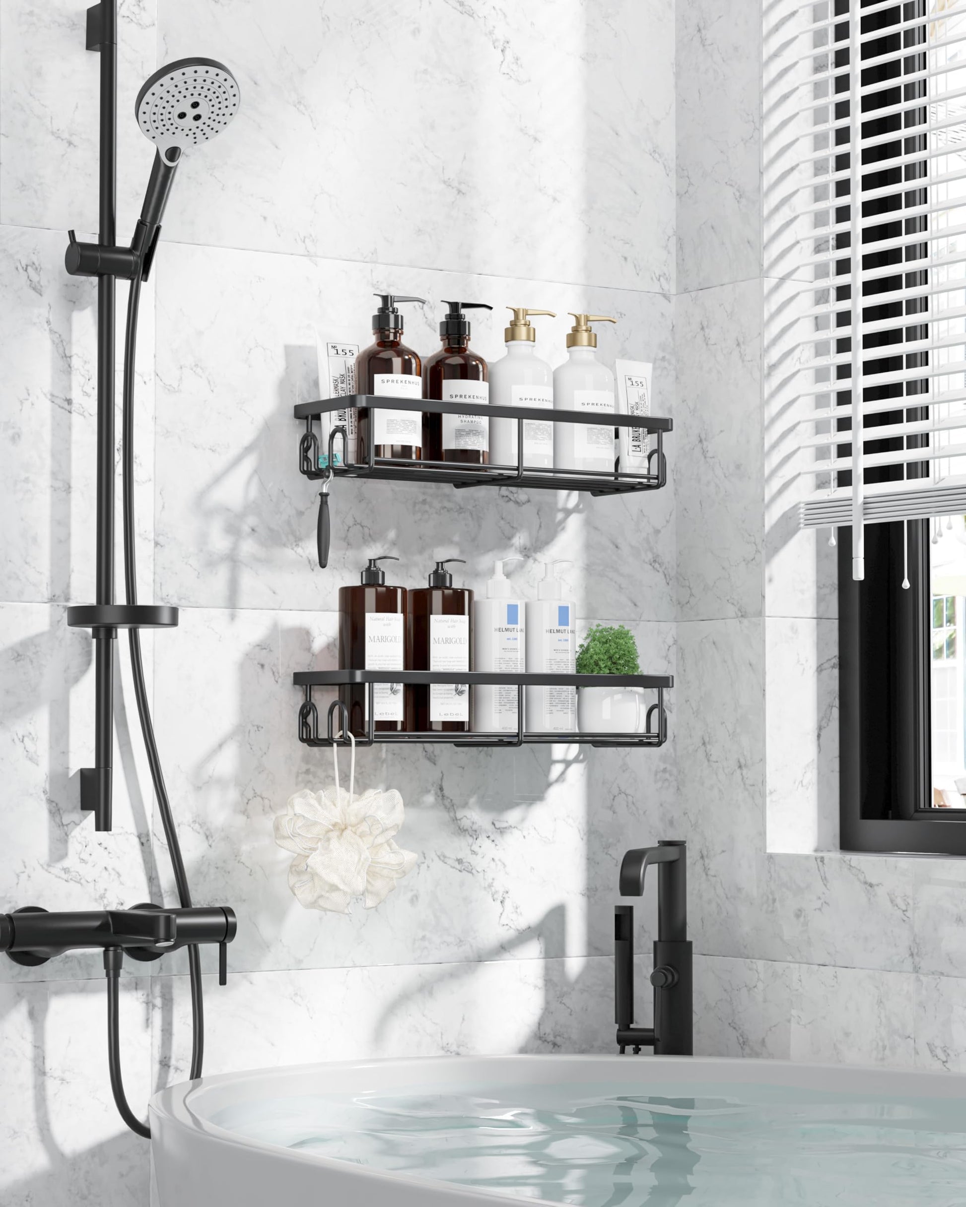Kitsure Shower Caddy - 2 Pack Rustproof Stainless Steel Shower Organizer, No-Drill & Quick-Dry Shelves with Large Capacity, Durable Rack with 4 Hooks, Large, Black - Available at All In One Marketplace Canada
