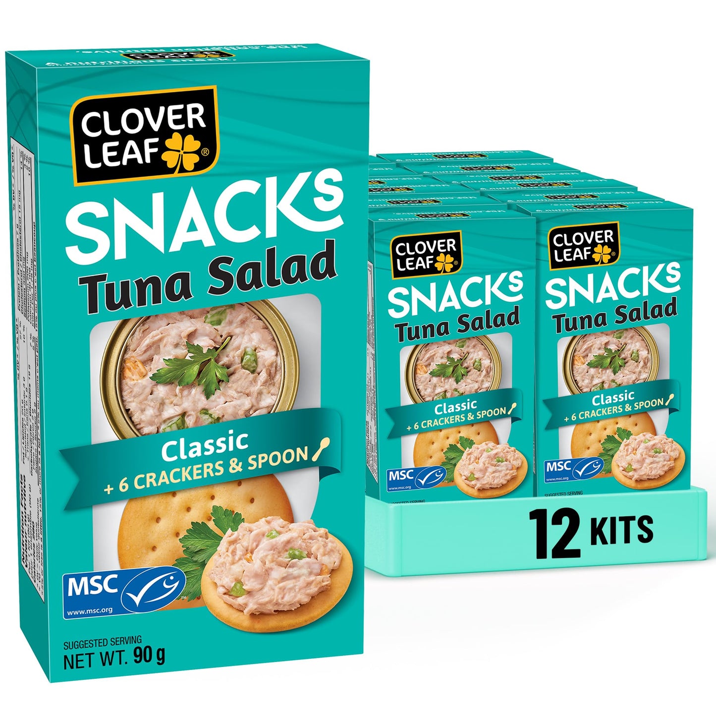 Clover Leaf Classic Tuna Salad Snack Kit - 90g Box, Pack of 12 - 7g Protein - Wild-Caught Skipjack with Crackers & Spoon