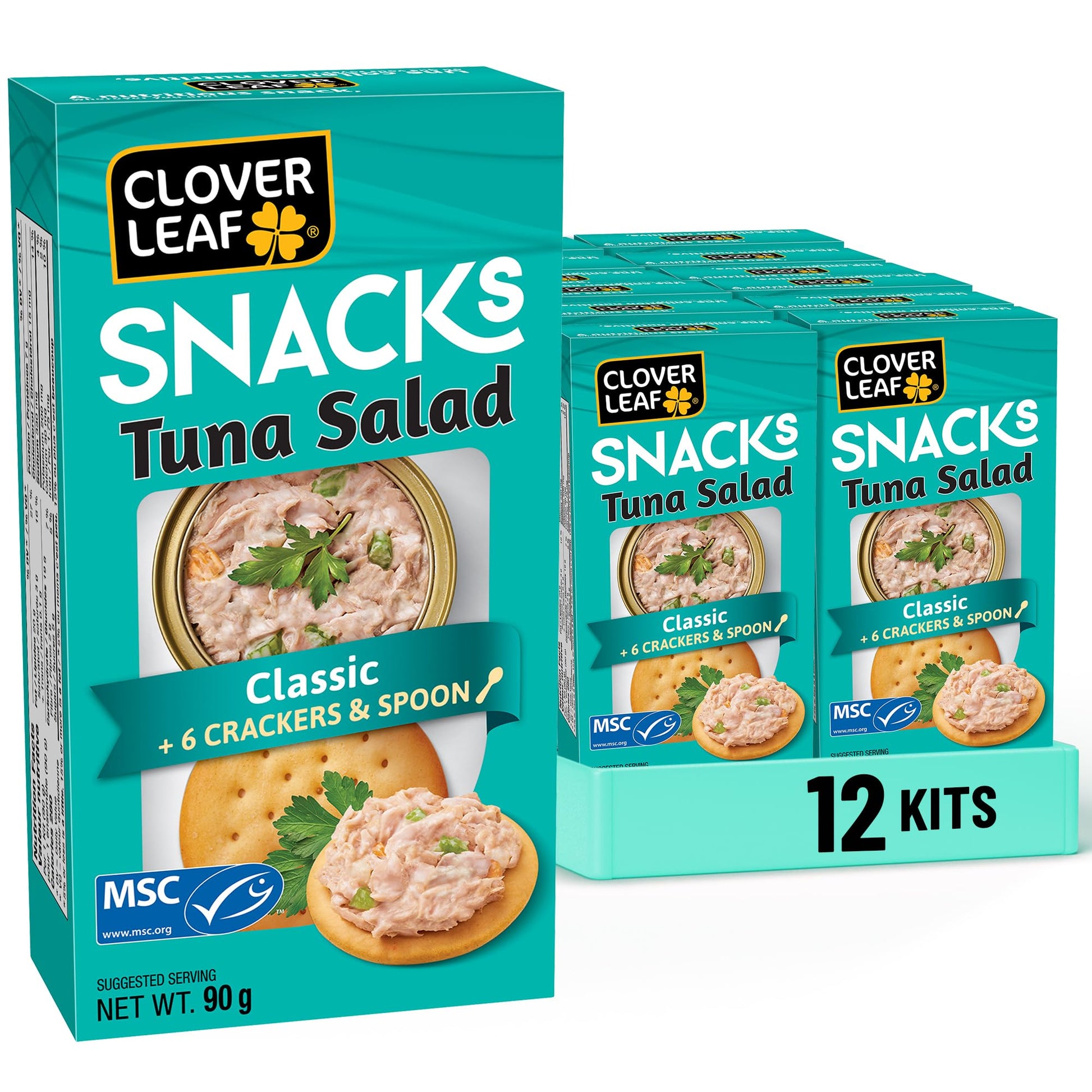 Clover Leaf Classic Tuna Salad Snack Kit - 90g Box, Pack of 12 - 7g Protein - Wild-Caught Skipjack with Crackers & Spoon