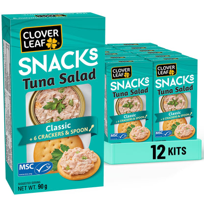 Clover Leaf Classic Tuna Salad Snack Kit - 90g Box, Pack of 12 - 7g Protein - Wild-Caught Skipjack with Crackers & Spoon