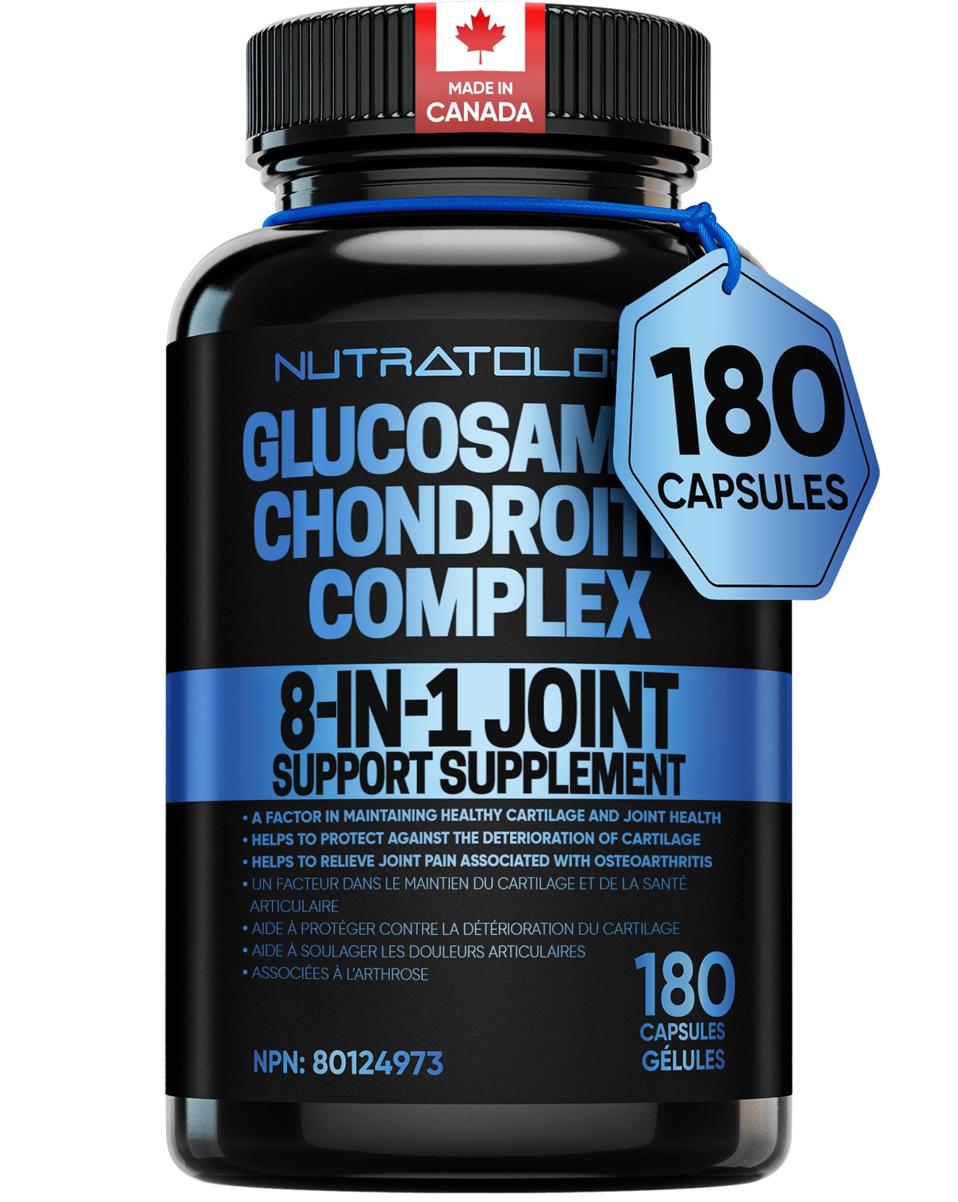 Nutratology® Glucosamine Joint Supplement with Chondroitin, MSM & Turmeric | Canadian-Made | Joint Pain Relief Supplements - 1500MG Glucosamine - Supports Healthy Joints & Cartilage - 180 Capsules - Available at All In One Marketplace Canada