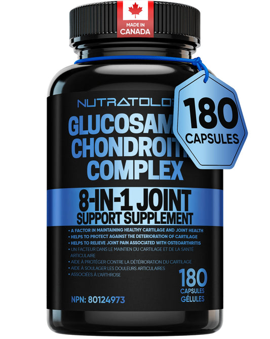 Nutratology® Glucosamine Joint Supplement with Chondroitin, MSM & Turmeric | Canadian-Made | Joint Pain Relief Supplements - 1500MG Glucosamine - Supports Healthy Joints & Cartilage - 180 Capsules - Available at All In One Marketplace Canada