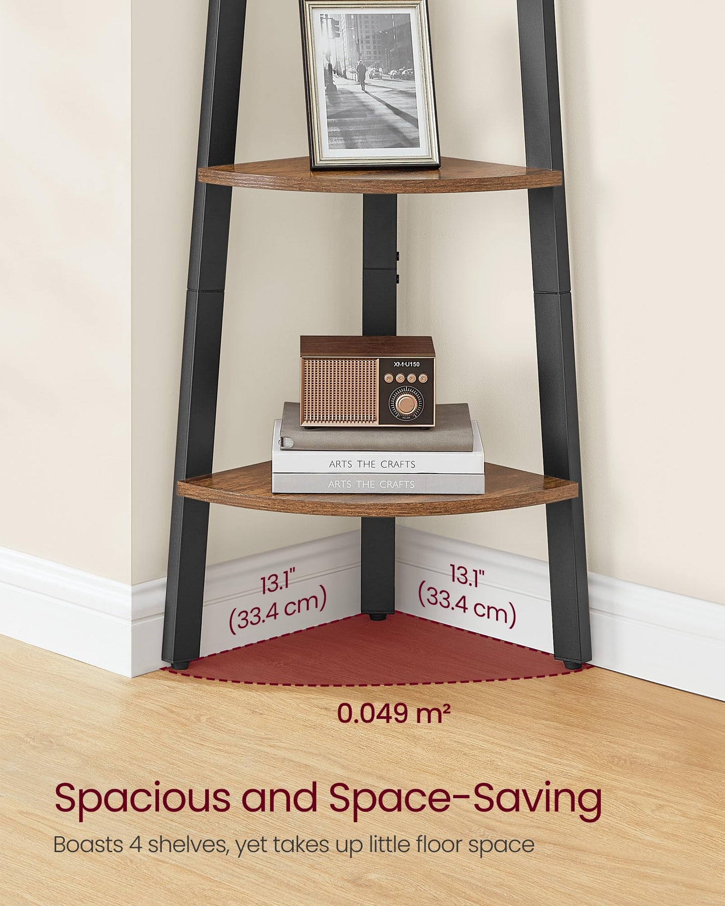 VASAGLE Corner Shelf Stand, 4-Tier Corner Bookshelf, Industrial Ladder Shelf, Plant Stand for Living Room, Office, Kitchen, Rustic Brown and Matte Black ULLS34X VASAGLE