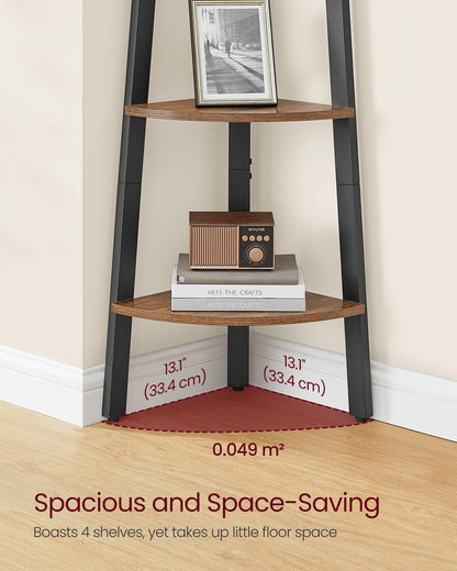 VASAGLE Corner Shelf Stand, 4-Tier Corner Bookshelf, Industrial Ladder Shelf, Plant Stand for Living Room, Office, Kitchen, Rustic Brown and Matte Black ULLS34X VASAGLE