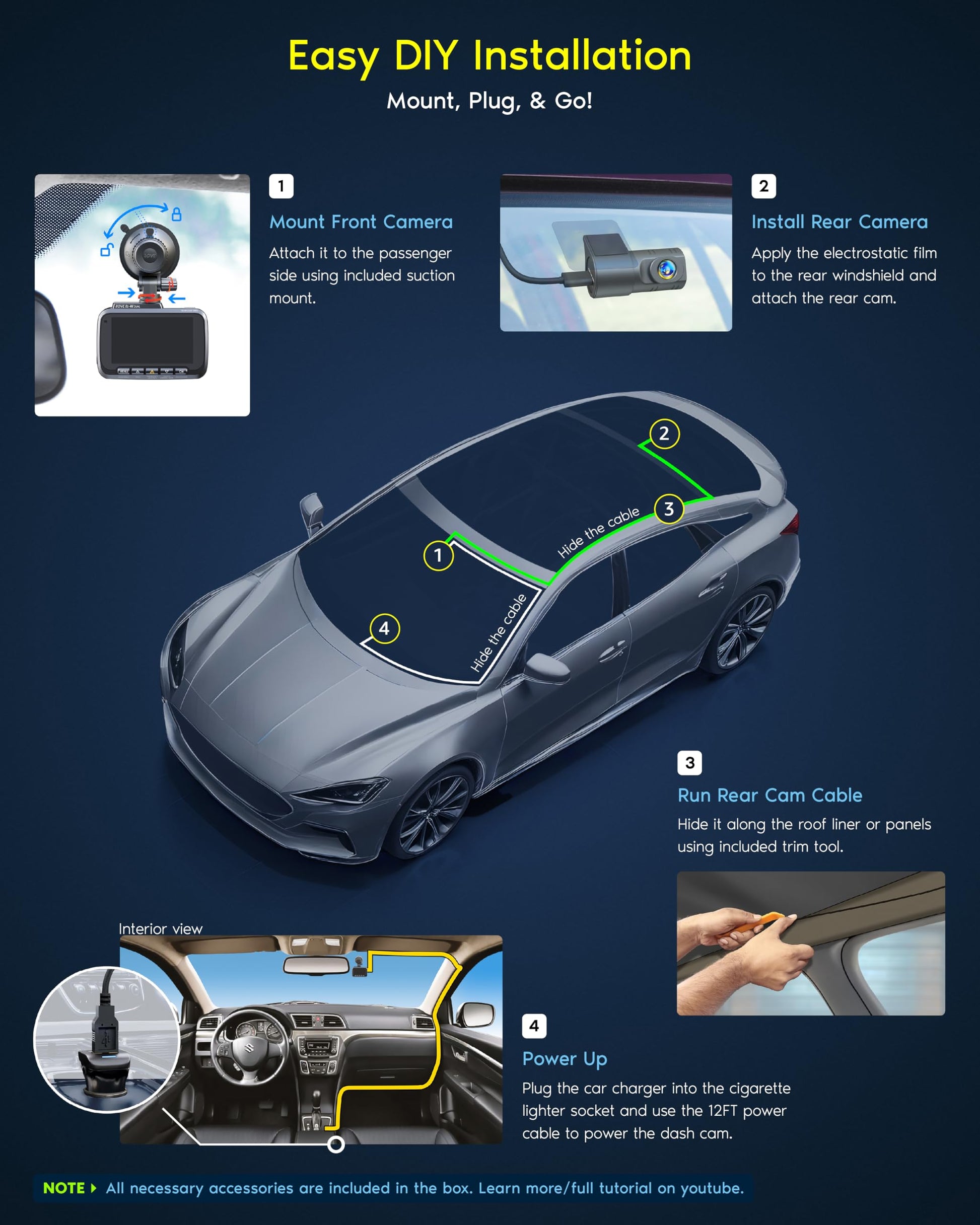 ROVE R2-4K DUAL Dash Cam Front and Rear, STARVIS 2 Sensor, FREE 128GB Card Included, 5G WiFi - up to 20MB/s Fastest Download Speed with App, 4K 2160P/FHD Dash Camera for Cars, 3" IPS, 24H Parking Mode - Available at All In One Marketplace Canada