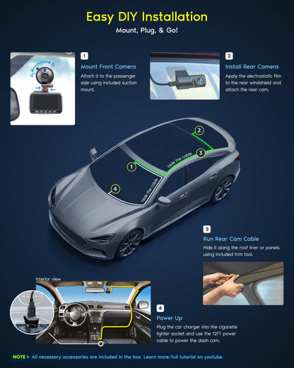 ROVE R2-4K DUAL Dash Cam Front and Rear, STARVIS 2 Sensor, FREE 128GB Card Included, 5G WiFi - up to 20MB/s Fastest Download Speed with App, 4K 2160P/FHD Dash Camera for Cars, 3" IPS, 24H Parking Mode - Available at All In One Marketplace Canada