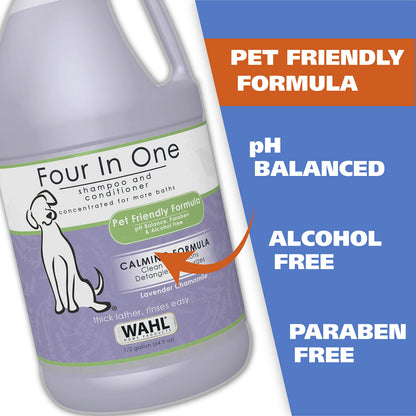 Wahl USA 4-in-1 Calming Pet Shampoo for Dogs with a Lavender Chamomile Scent – Cleans, Conditions, Detangles, & Moisturizes - Pet Friendly Formula – 64 Oz - Model 821000-050 Wahl