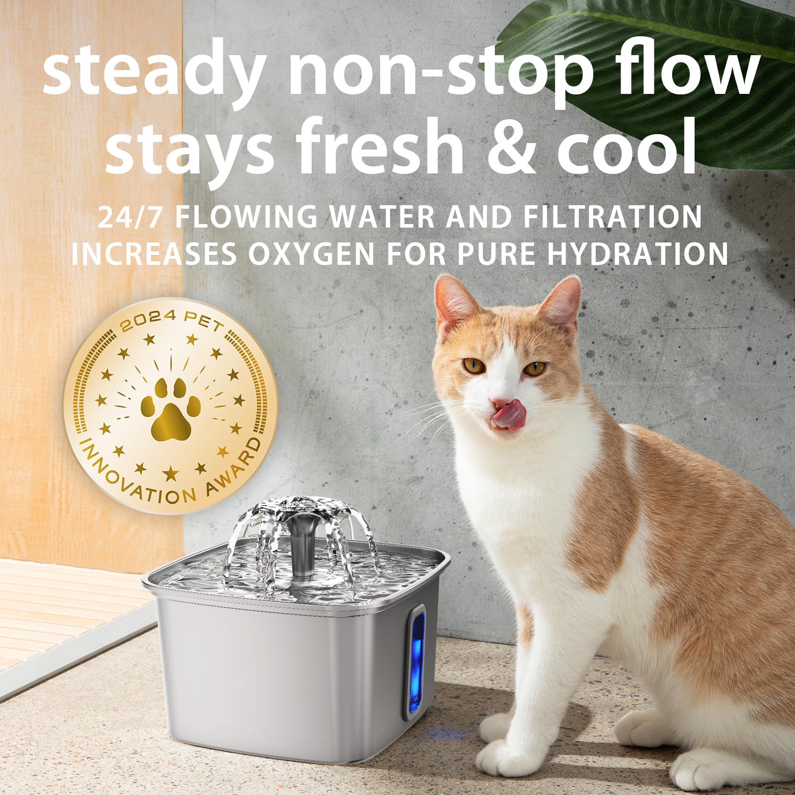 Veken Innovation Award Winner Stainless Steel Cat Water Fountain, 108oz/3.2L Pet Fountain with 4 Replacement Filters & 4 Pre-Filter Sponges & Silicone Mat, for Cats, Dogs (Silver)