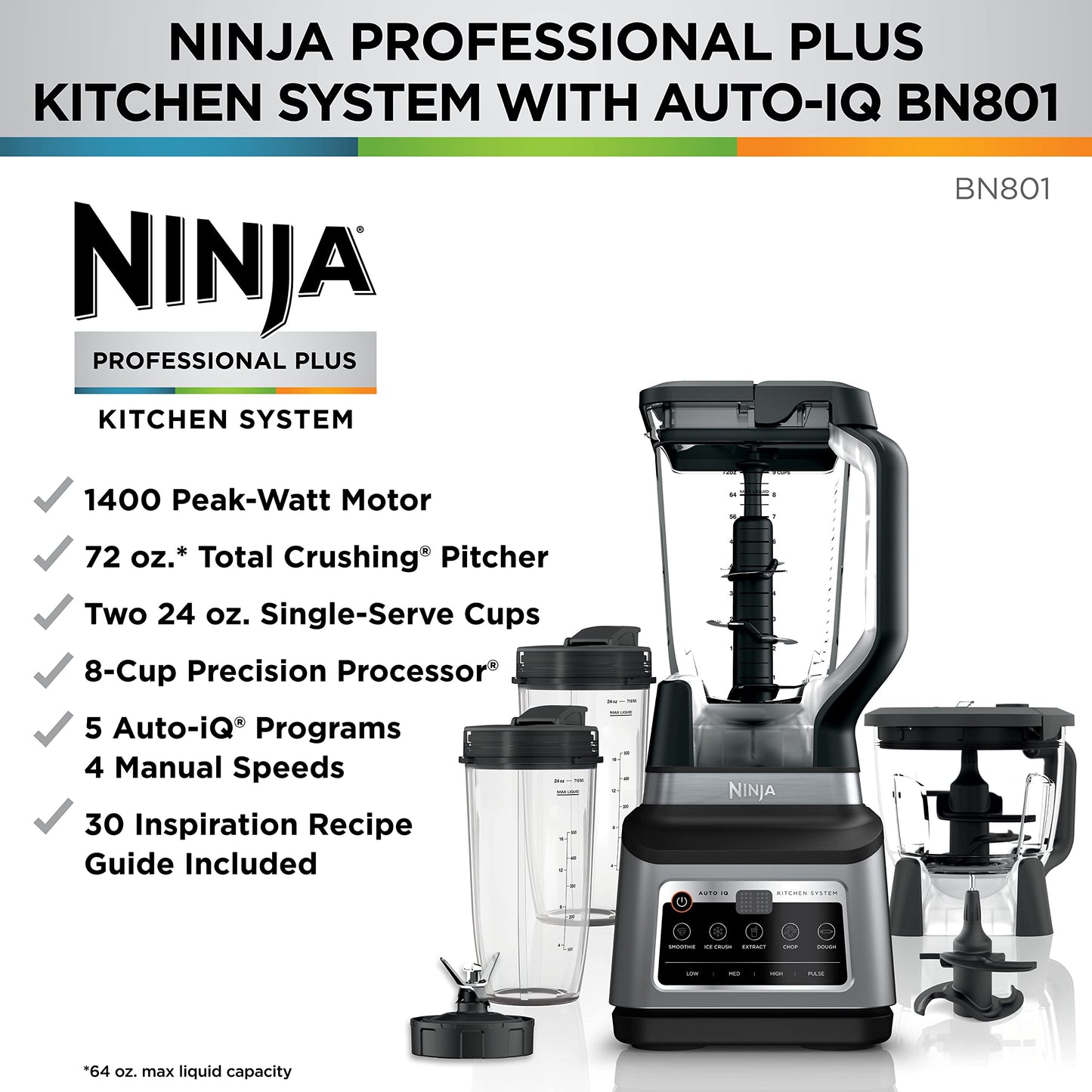 Ninja BN801C, Professional Plus Kitchen System With Auto-iQ, 72oz Pitcher, Black/Silver, 1400W (Canadian Version)