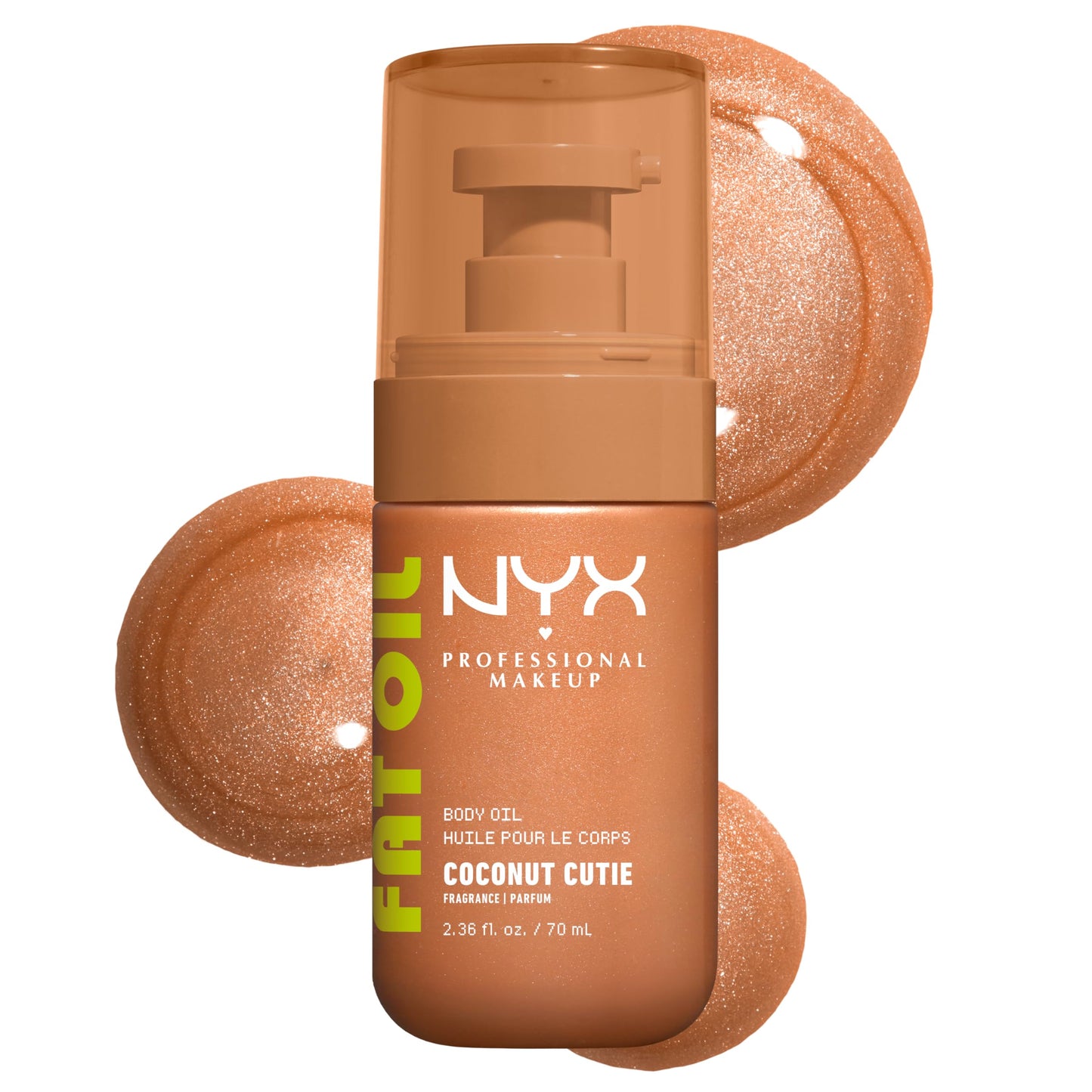 NYX Professional Makeup Fat Oil Body Oil, 24 HR Hydration, Gold Glowy Finish, Non-Sticky High-Shine Vegan Formula, Shimmering Luminous Skin, Coconut Cutie: Coconut & Peach Scent, 70 ml NYX PROFESSIONAL MAKEUP