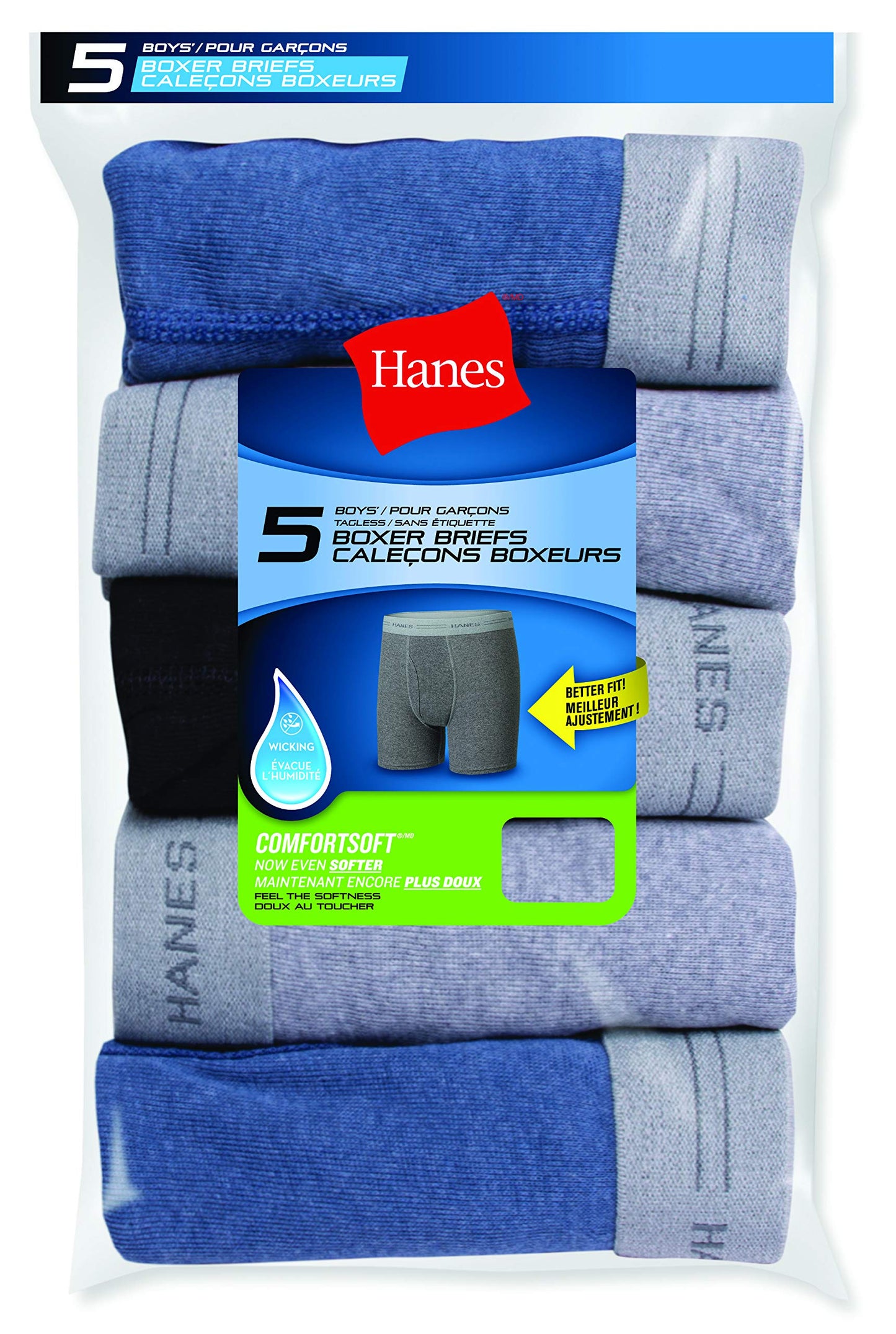 Hanes boys 5 Pack Breathable Boxer Briefs, Assorted, Large US