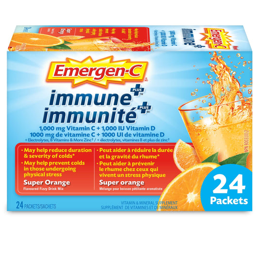 Emergen-C Immune+ 1000mg Vitamin C Powder Supplement, Drink Mix, Immune System Booster, Super Orange, 24 Packets - Available at All In One Marketplace Canada