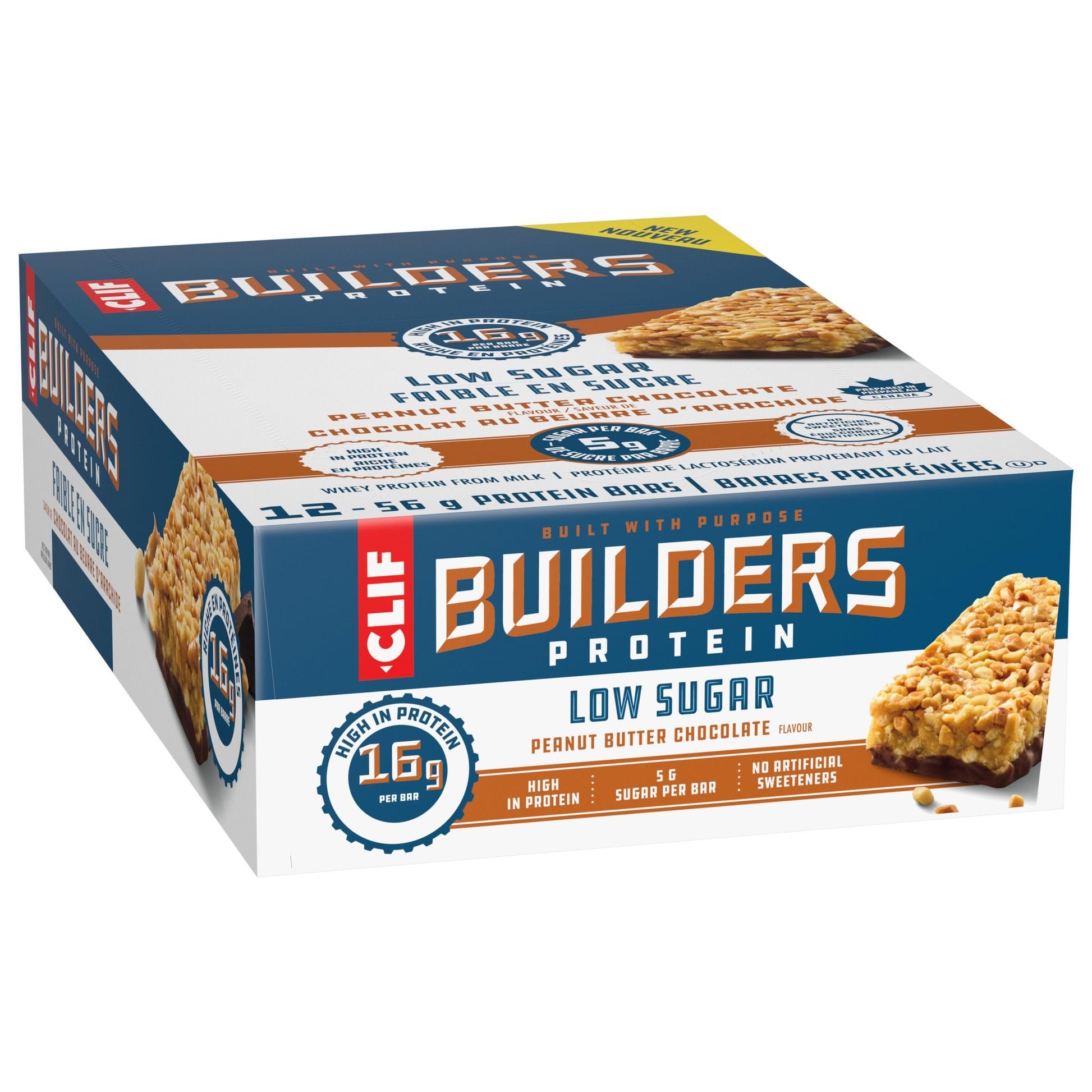 CLIF BUILDERS Low Sugar Protein Bars - Peanut Butter Chocolate, 12-Pack (56g each)