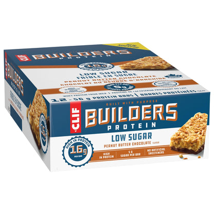 CLIF BUILDERS Low Sugar Protein Bars - Peanut Butter Chocolate, 12-Pack (56g each)