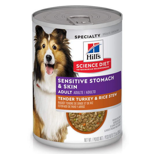 Hill's Science Diet Sensitive Stomach & Skin, Adult 1-6, Stomach Sensitivity Support, Wet Dog Food, Turkey & Rice Stew, 12.5 oz Can, Case of 12