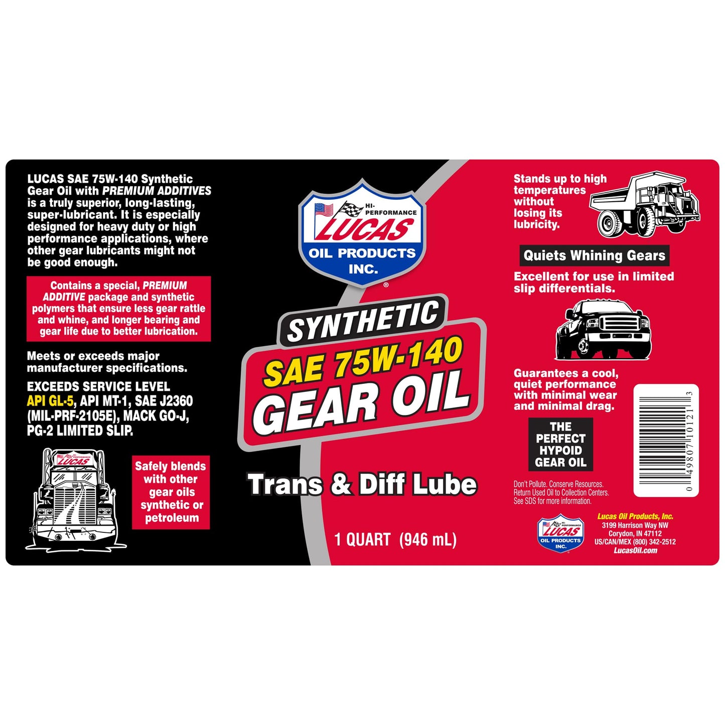 Lucas Oil 10121 SAE 75W-140 Synthetic Transmission and Differential Lube - 1 Quart Lucas Oil