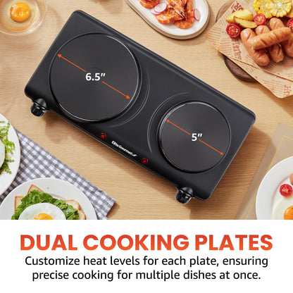 Elite Gourmet EDB-302BF# Countertop Double Cast Iron Burner, 1500 Watts Electric Hot Plate, Temperature Controls, Power Indicator Lights, Easy to Clean, Black - Available at All In One Marketplace Canada