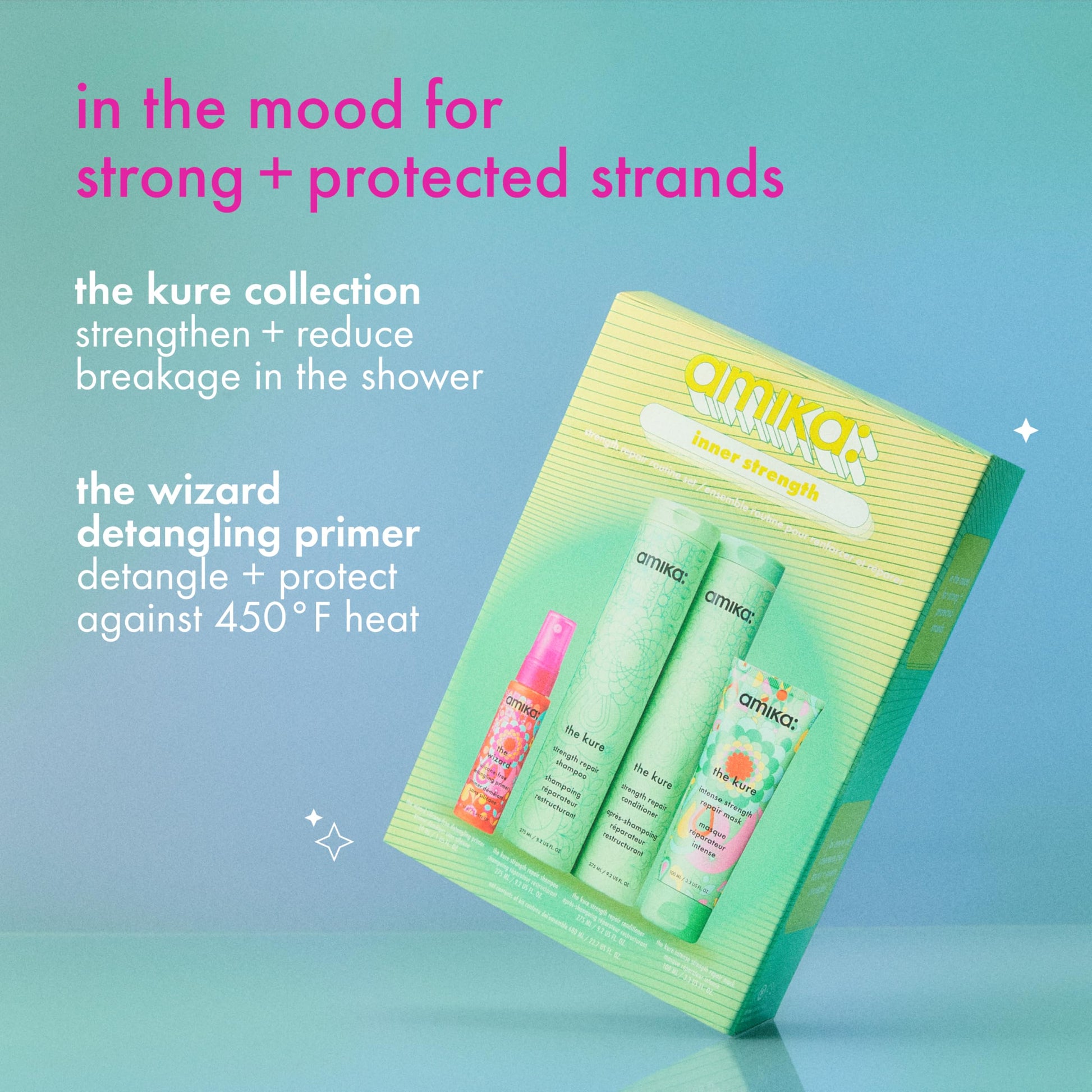 amika inner strength repair routine set | gift set for dry, damaged hair from bleach, color, chemical, or heat use Amika