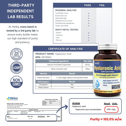 Herba Hyaluronic Acid Supplement 200mg - 100 Capsules | 100% Purity Hyaluronic Acid Capsules with Vitamin C to Support Joint and Bone Health | Made in Canada - Available at All In One Marketplace Canada