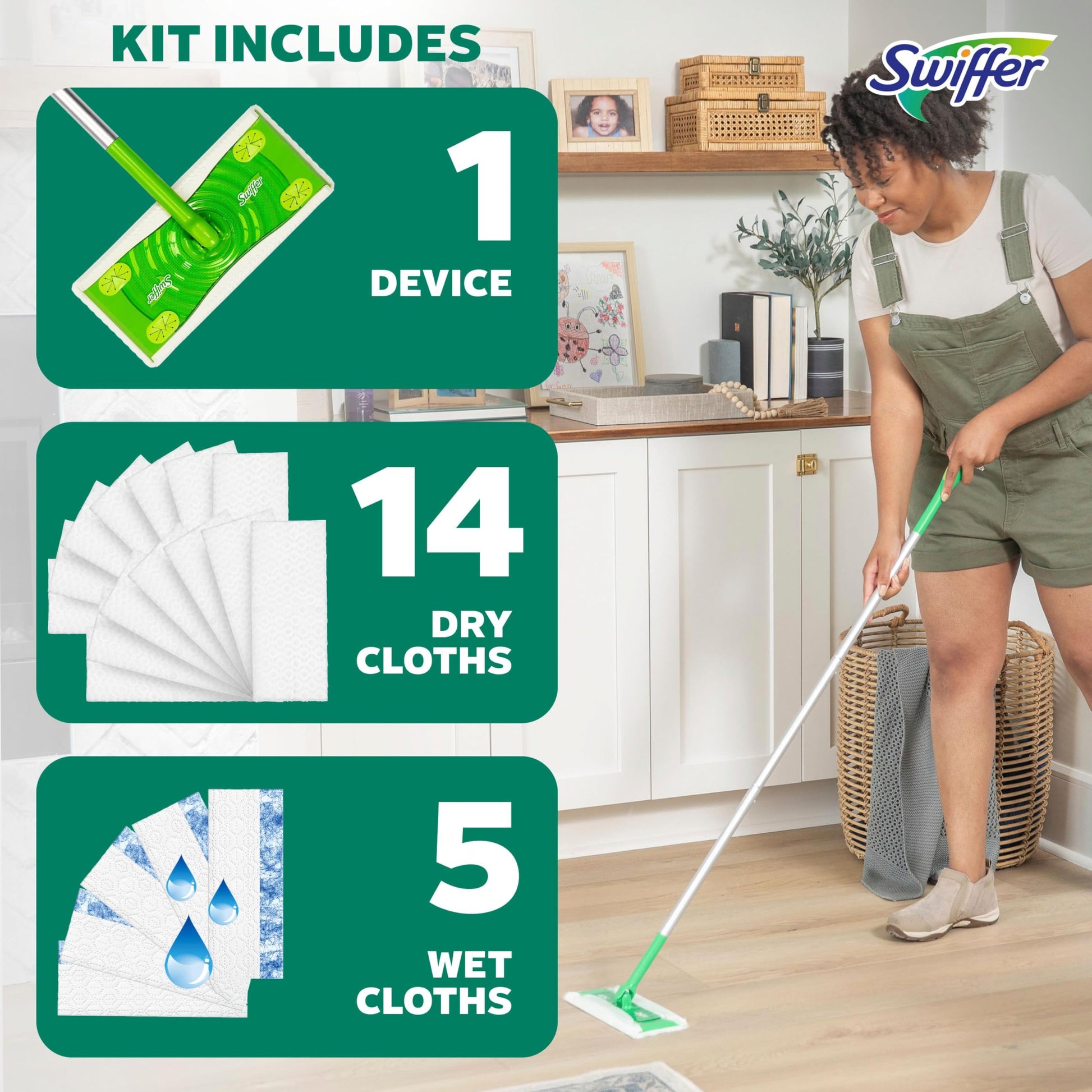Swiffer Sweep + Mop, Broom & Mop Alternative, Dry & Wet Floor Cleaner for Dirt, Dust, Hair, All Purpose Cleaning Tool for Home, Bathroom, Kitchen, Set Includes 1 Sweeper, 14 Dry Pads, 5 Wet Pads Fresh - Available at All In One Marketplace Canada