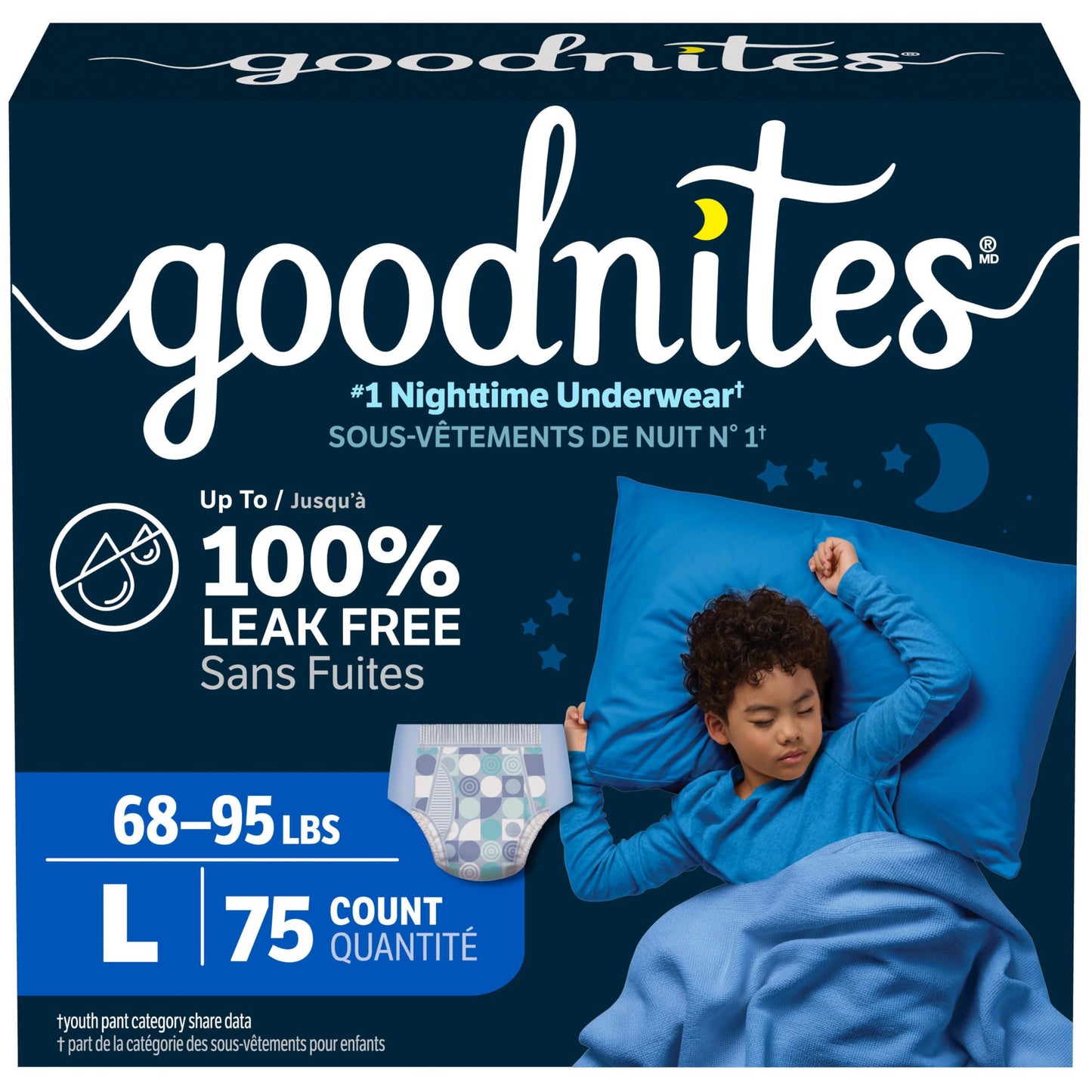 Goodnites Boys' Nighttime Bedwetting Underwear, Size Large (68-95 lbs), 75 Ct (3 Packs of 25), Packaging May Vary