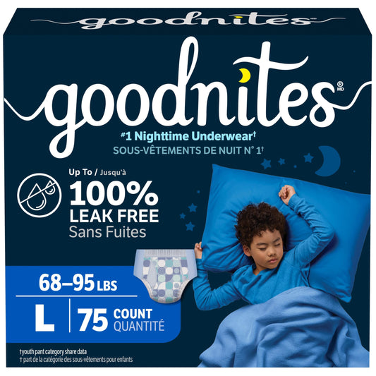 Goodnites Boys' Nighttime Bedwetting Underwear, Size Large (68-95 lbs), 75 Ct (3 Packs of 25), Packaging May Vary