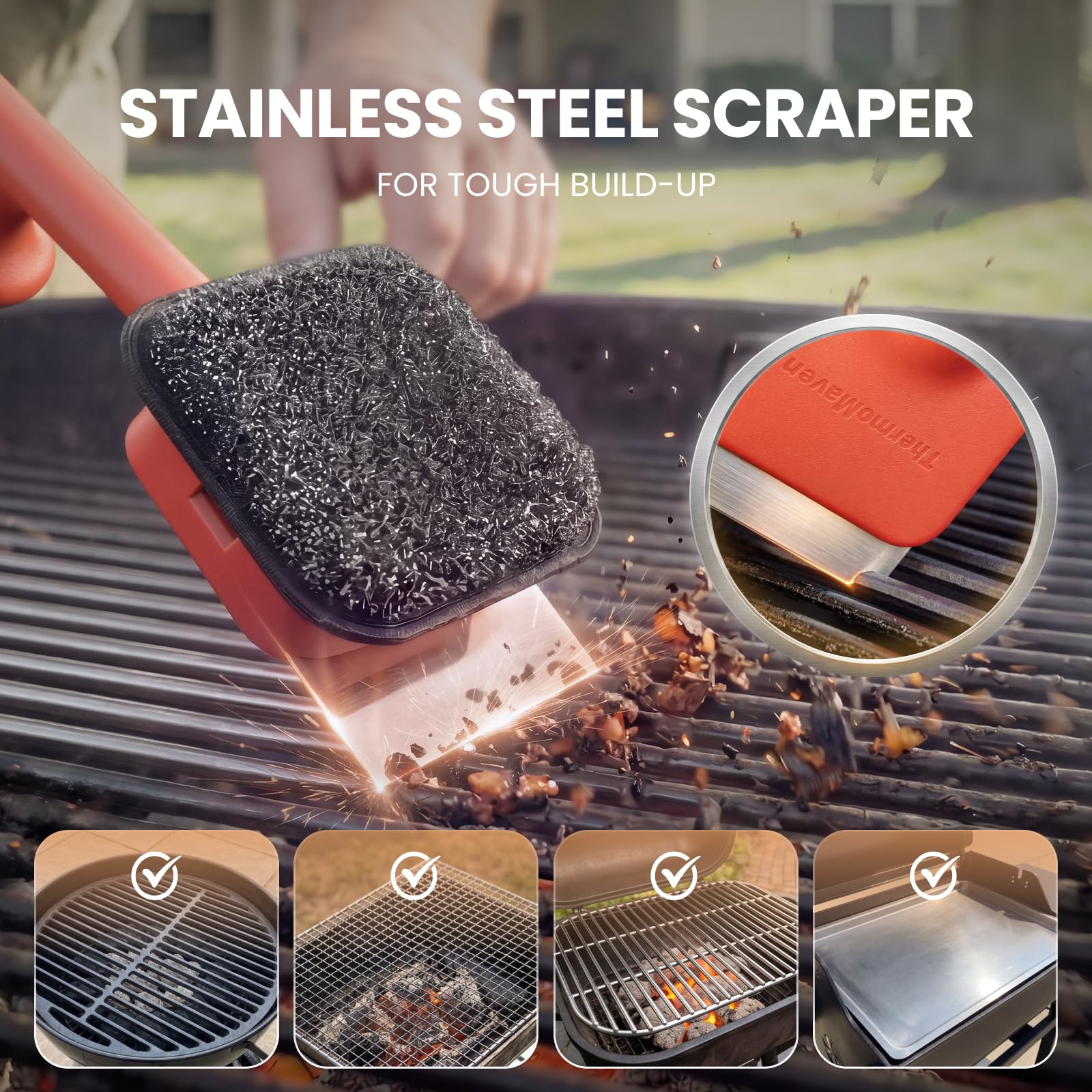 ThermoMaven BBQ Grill Brush Bristle Free - 17" Safe Steam Grill Cleaner Brush with Scraper and 3 Brush Heads for Porcelain/Gas/Charcoal Grill Outdoor Grill Barbecue Cleaner - Available at All In One Marketplace Canada